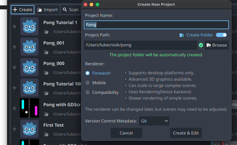Godot Editor - Create a new project